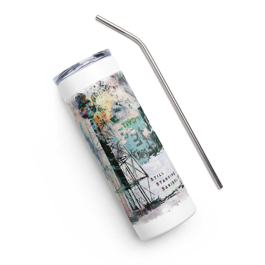 Standing Sanibel Strong Stainless steel tumbler white graphic.