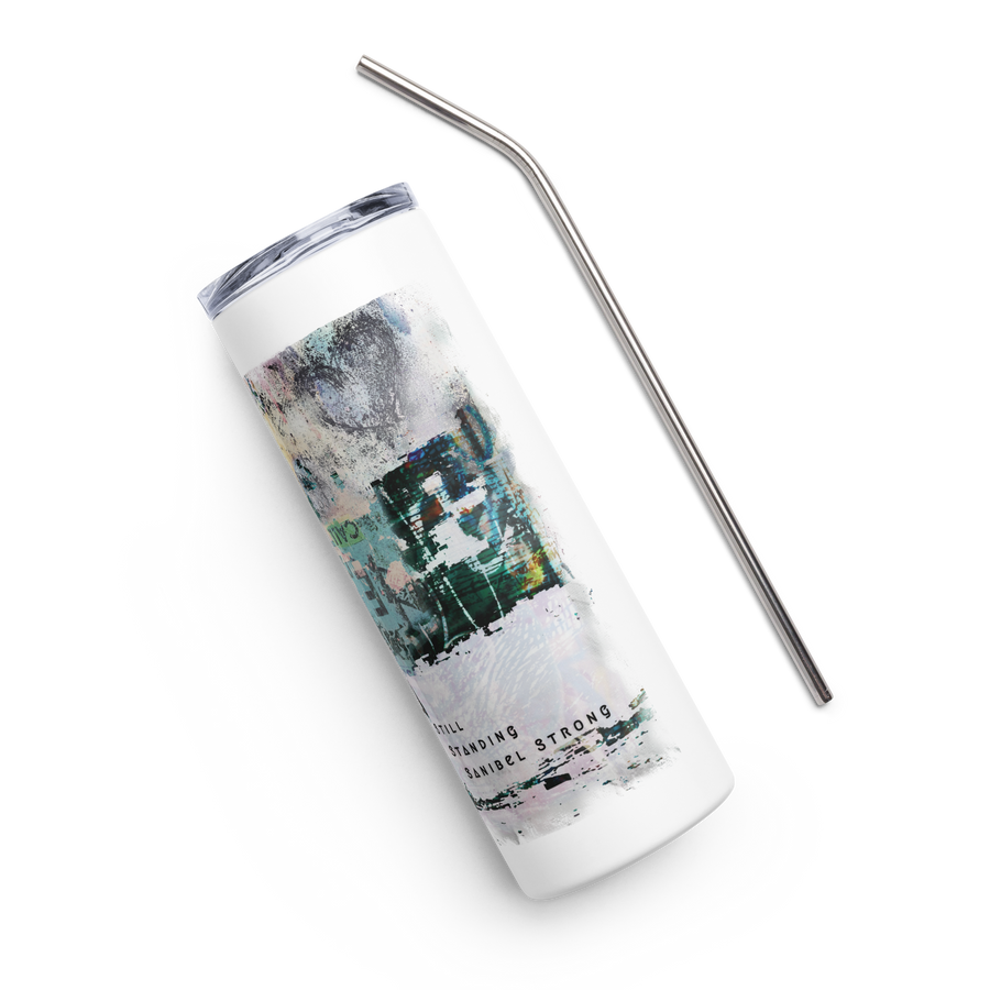 Standing Sanibel Strong Stainless steel tumbler white graphic.